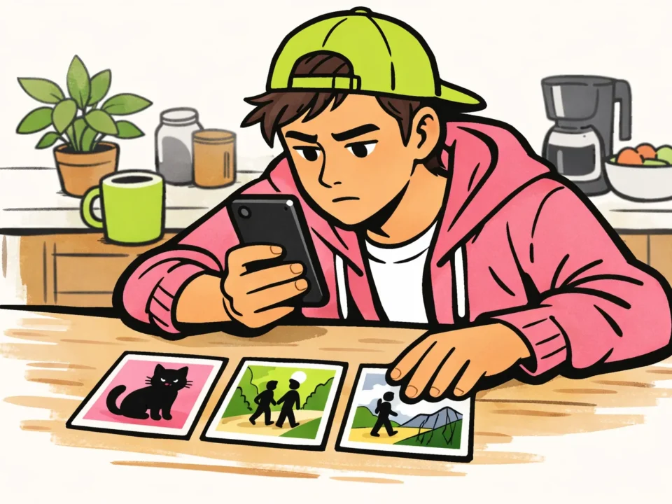 Persoon controleert een telefoon en vergelijkt kaartjes van eigen video's aan de keukentafel.