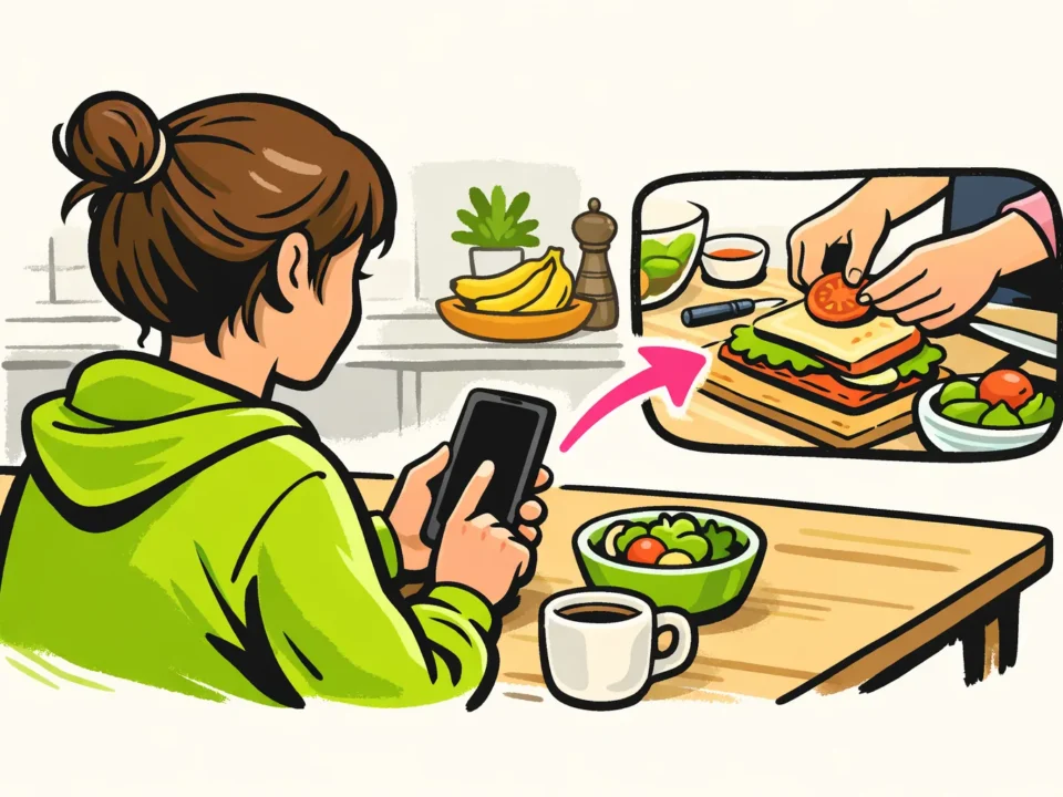 Illustratie van iemand die aan de keukentafel een kookvideo op een smartphone verder deelt.