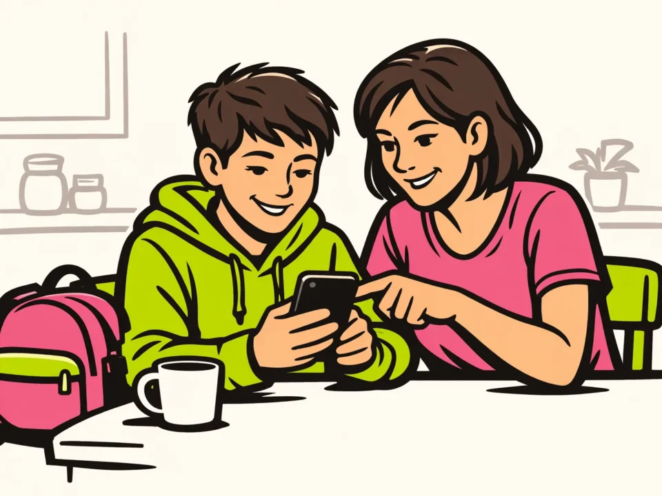 Een ouder en tiener bekijken samen een telefoon en bespreken veilig gebruik van TikTok.