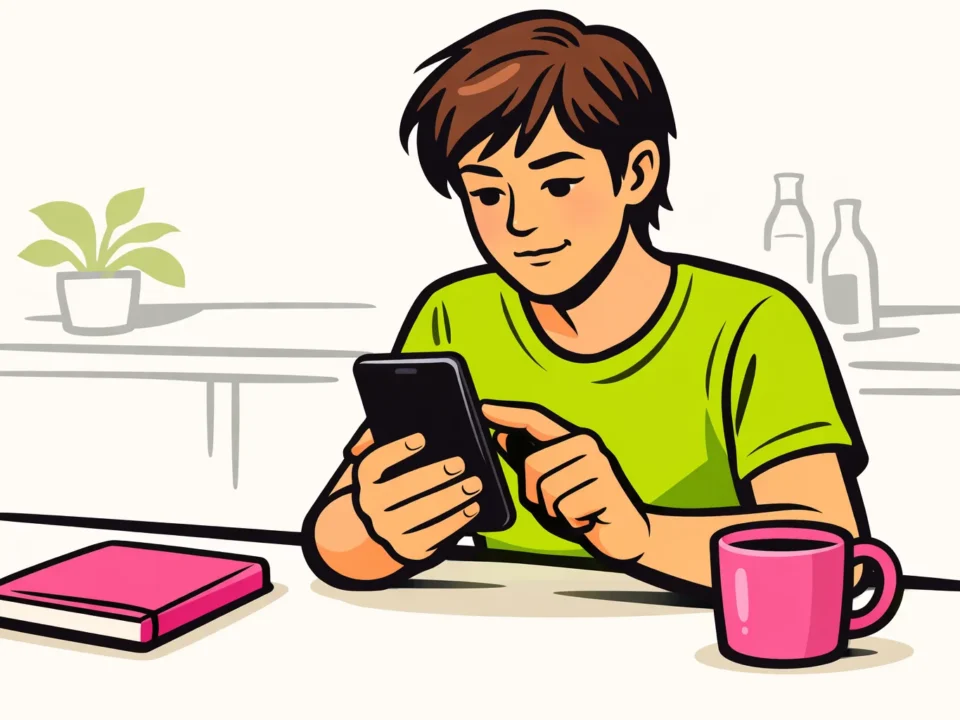 Persoon aan een keukentafel die een smartphone opnieuw opstart omdat TikTok blijft sluiten.