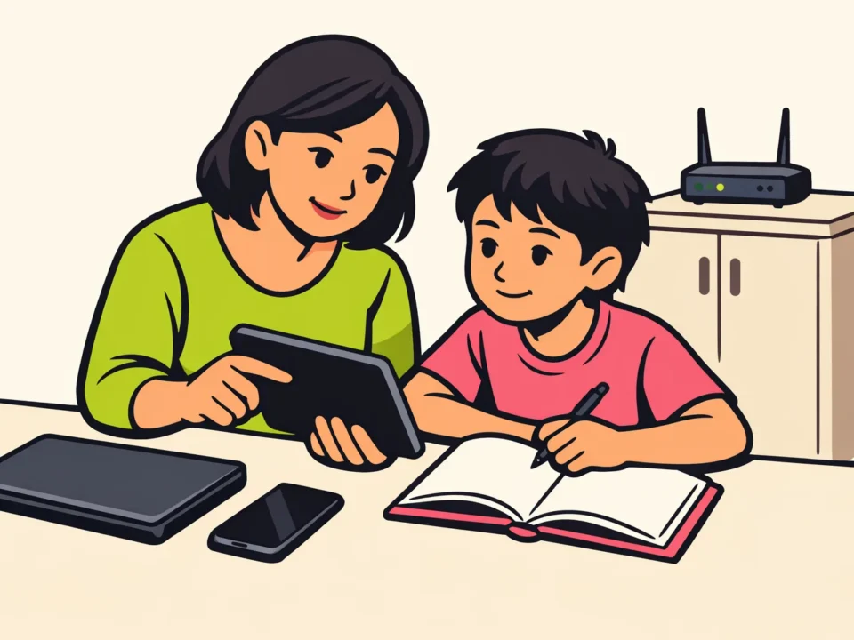 Een ouder stelt een tablet in terwijl een kind aan tafel schoolwerk maakt.