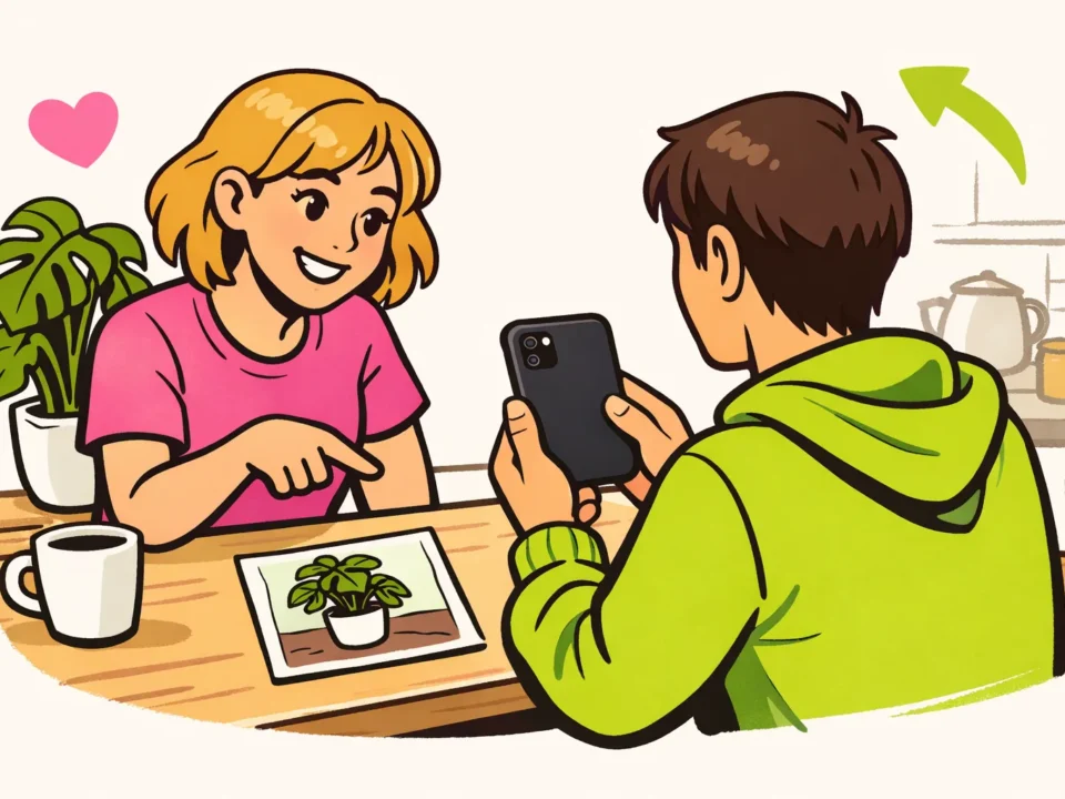 Persoon met een smartphone overlegt met de maker over het delen van een foto van een kamerplant.