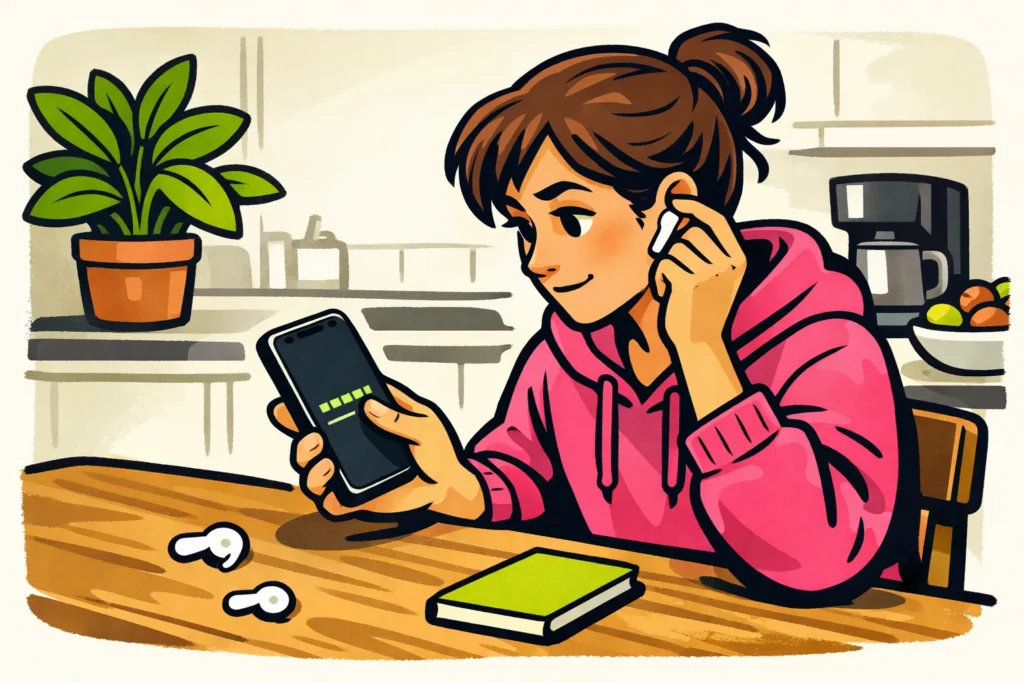 Persoon aan de keukentafel controleert het geluid op een telefoon met oortjes ernaast.
