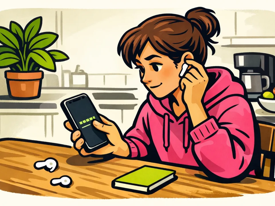 Persoon aan de keukentafel controleert het geluid op een telefoon met oortjes ernaast.