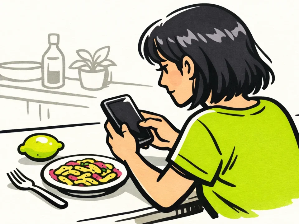 Persoon zoekt op een telefoon naar een eerder bekeken kookvideo, met citroen en pasta op tafel.