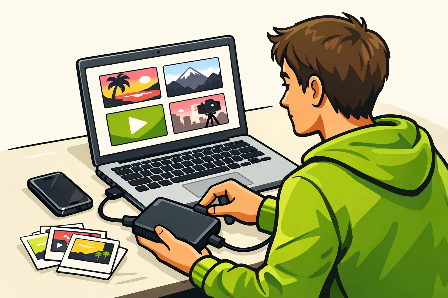 Persoon bewaart videobestanden op een externe schijf voordat die een YouTube kanaal verwijdert.