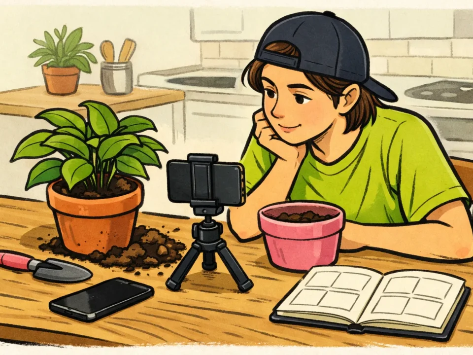 Persoon filmt het verpotten van een kamerplant met een smartphone voor een korte video.