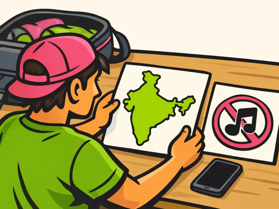 Illustratie van een reiziger met een telefoon, een kaart van India en een verbodssymbool voor korte video's.