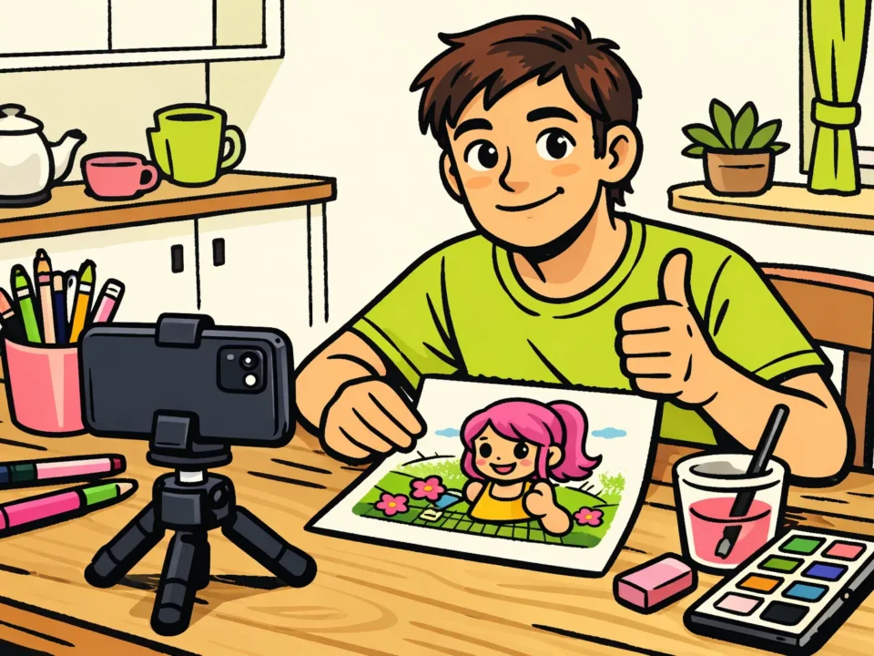 Een maker filmt een tekenvideo met een smartphone en steekt een duim op naast de tekening.