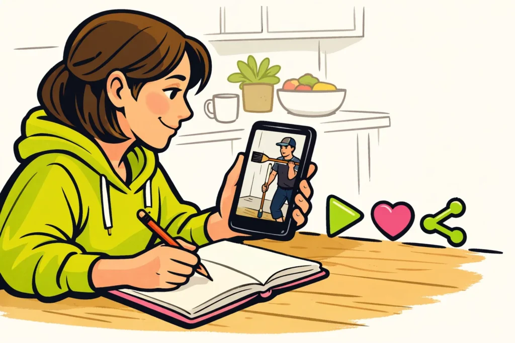 Persoon bekijkt een korte video op een telefoon en maakt aantekeningen naast symbolen voor weergaven, likes en delen.