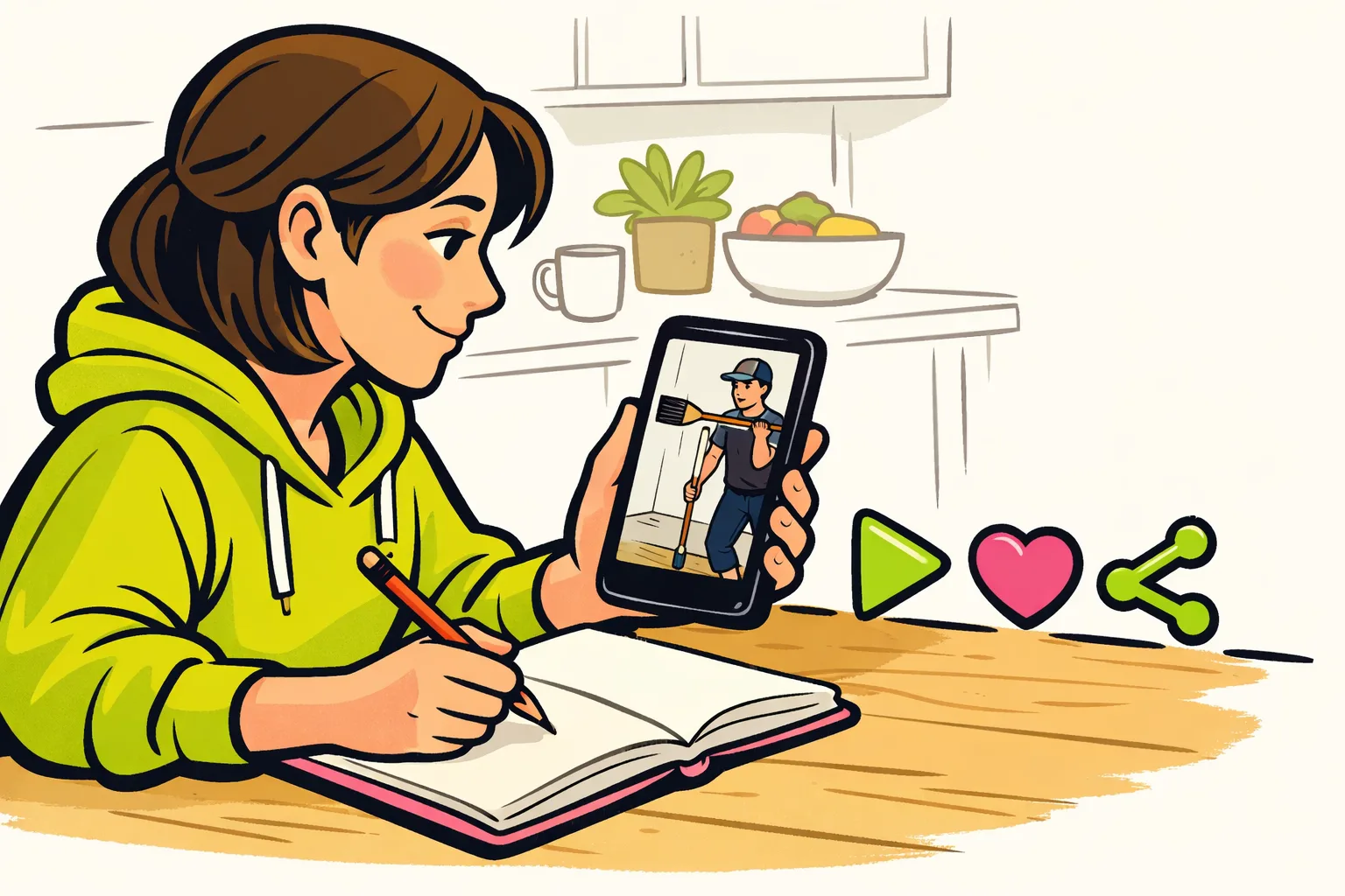 Persoon bekijkt een korte video op een telefoon en maakt aantekeningen naast symbolen voor weergaven, likes en delen.
