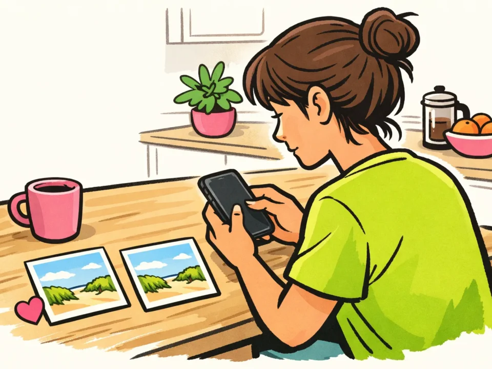 Illustratie van iemand die instellingen op een telefoon bekijkt, met twee fotokaartjes op tafel.