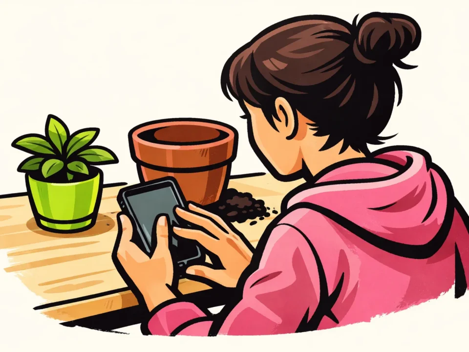 Persoon bewerkt op een telefoon een video over het verpotten van een kamerplant.