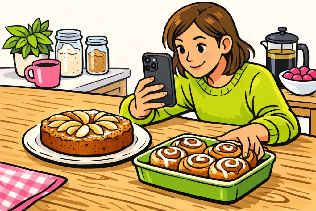 Persoon fotografeert appelcake en kaneelbroodjes als twee keuzes voor een Instagram Story.