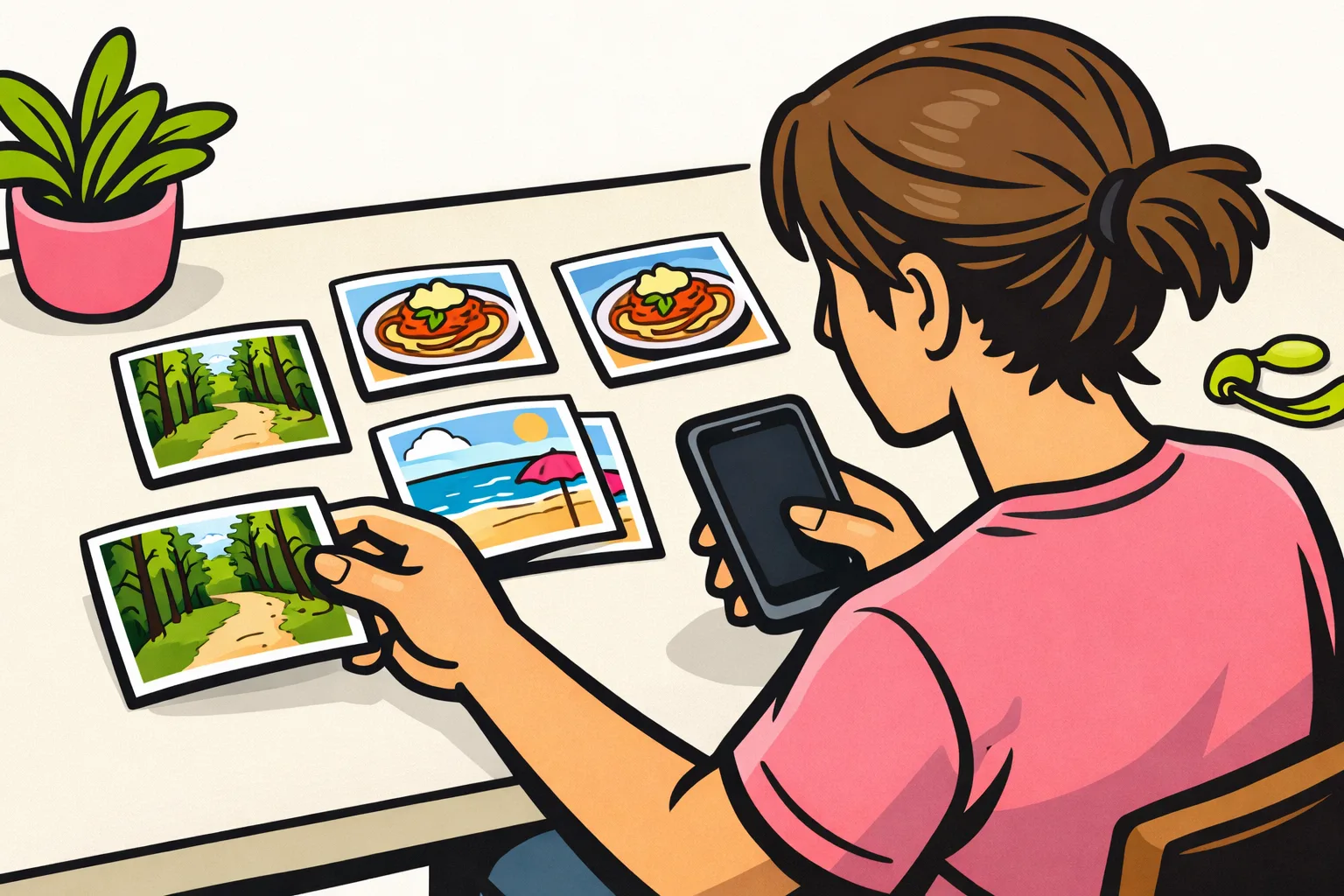 Persoon met een smartphone sorteert foto's van uitstapjes en eten voor Instagram hoogtepunten.