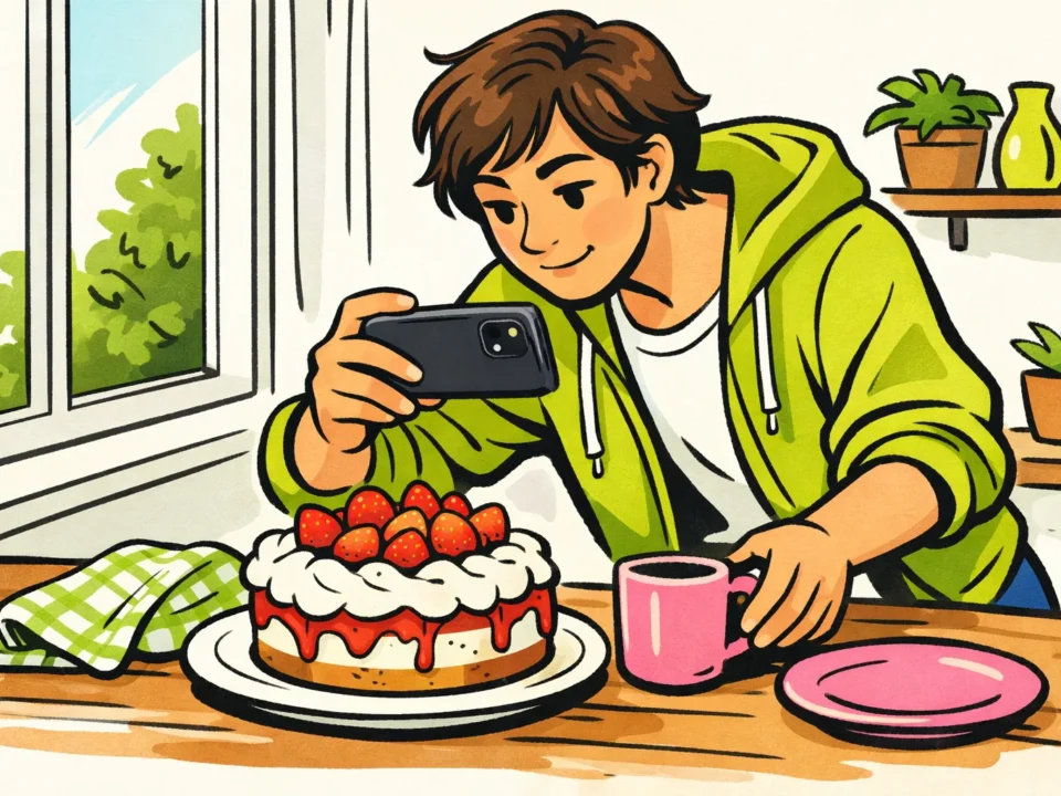 Persoon fotografeert een zelfgebakken taart met een telefoon en maakt de achtergrond rustig.