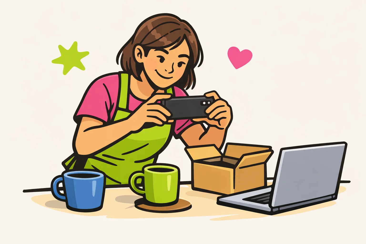 Winkelier maakt met een smartphone een productfoto van een mok voor de Instagram Shop.