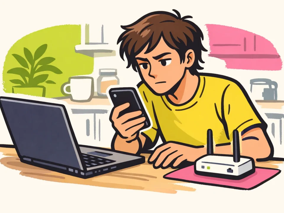 Persoon controleert een smartphone naast een laptop en router om een probleem met Instagram te onderzoeken.