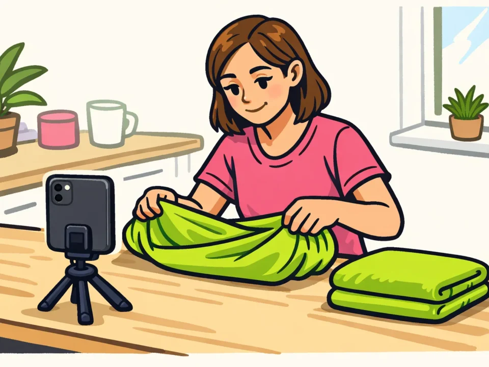 Persoon filmt met een telefoon op statief hoe je een hoeslaken opvouwt voor een korte TikTok video.