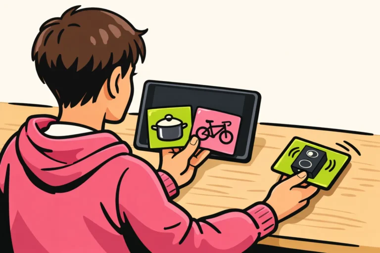 Persoon met een tablet die een ongewenste videokaart opzij schuift.