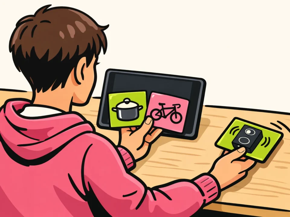 Persoon met een tablet die een ongewenste videokaart opzij schuift.