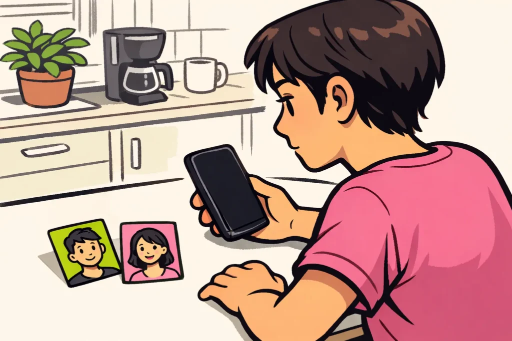 Persoon die aan een keukentafel een telefoon bekijkt, met twee getekende portretkaartjes ernaast.