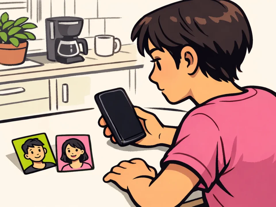 Persoon die aan een keukentafel een telefoon bekijkt, met twee getekende portretkaartjes ernaast.