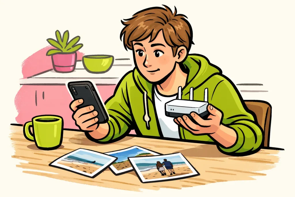 Persoon controleert een telefoon en wifi router bij het plaatsen van foto's op Instagram.
