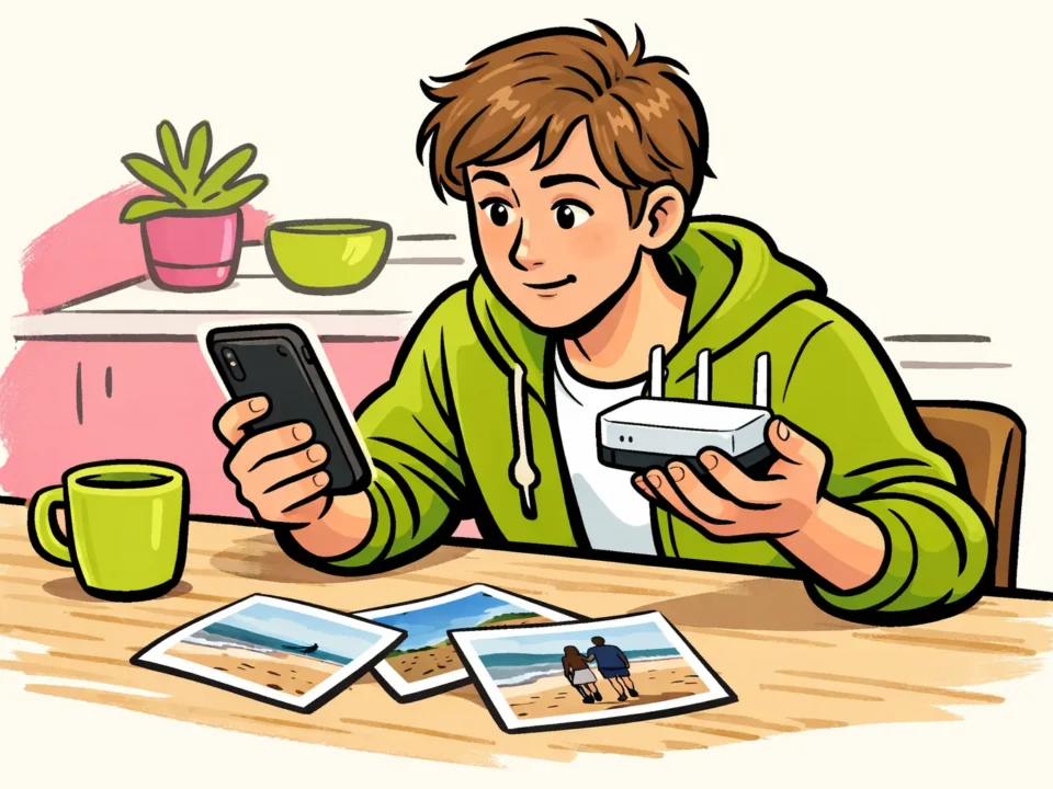 Persoon controleert een telefoon en wifi router bij het plaatsen van foto's op Instagram.