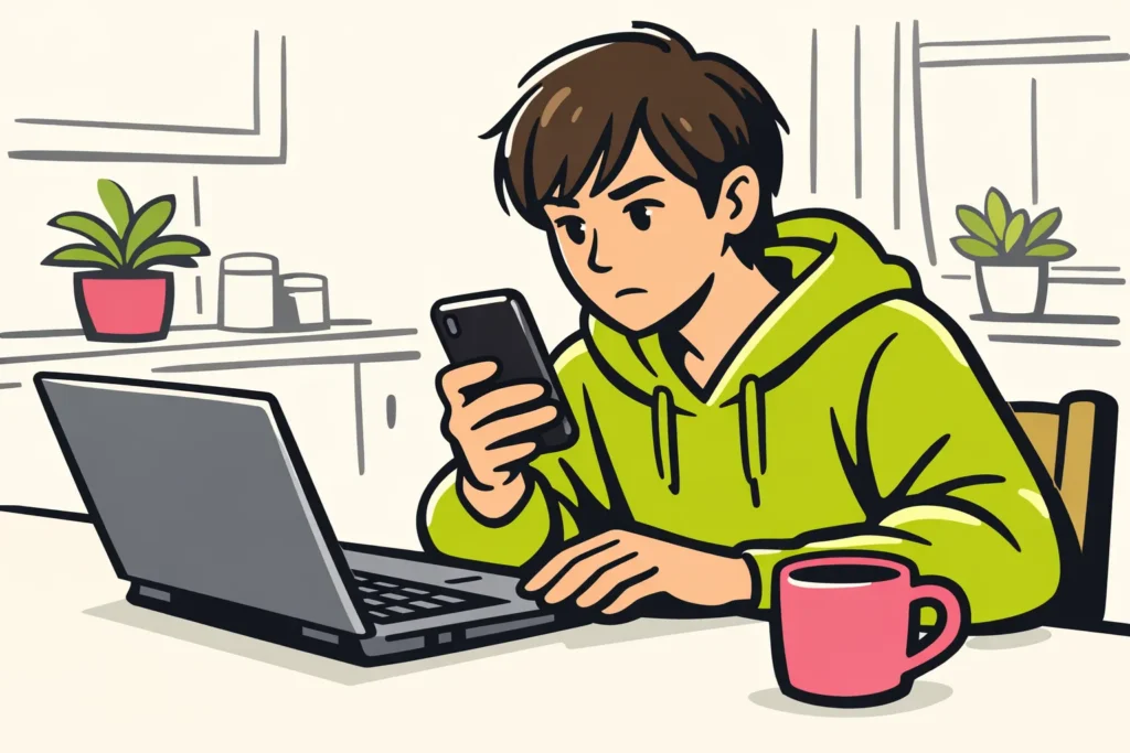 Persoon die met een telefoon en laptop controleert waarom antwoorden op Instagram niet lukt.