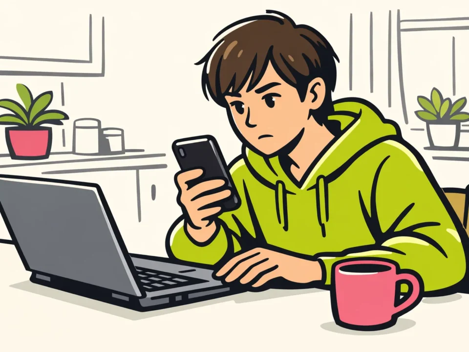Persoon die met een telefoon en laptop controleert waarom antwoorden op Instagram niet lukt.