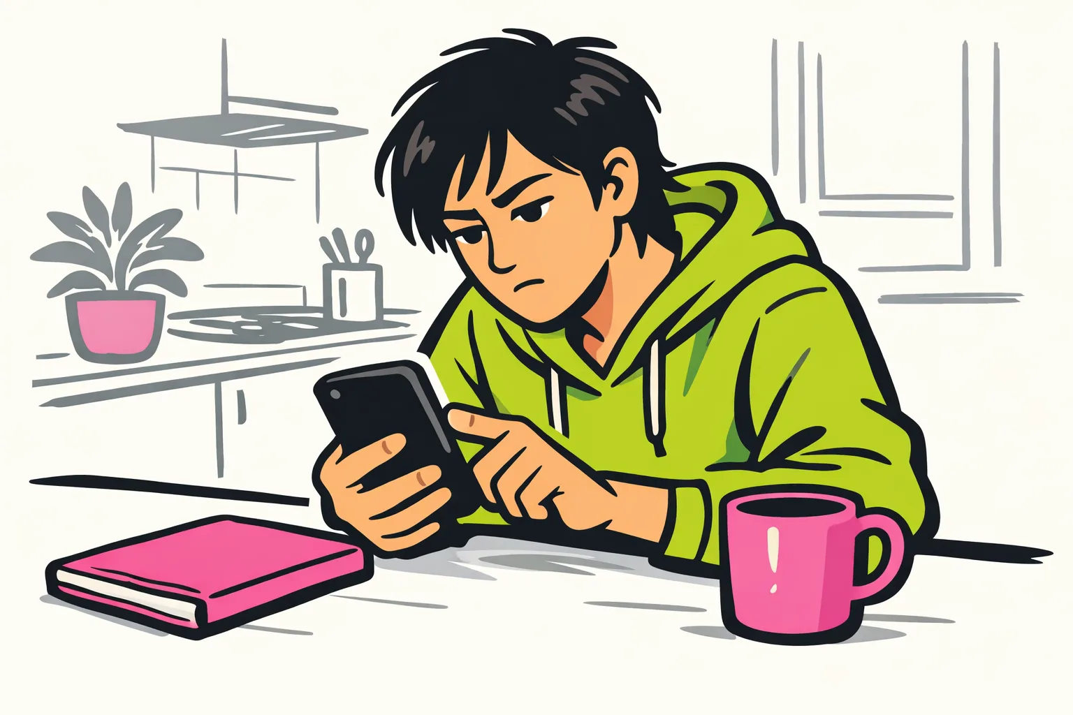 Persoon aan de keukentafel controleert een smartphone nadat Instagram is vastgelopen.
