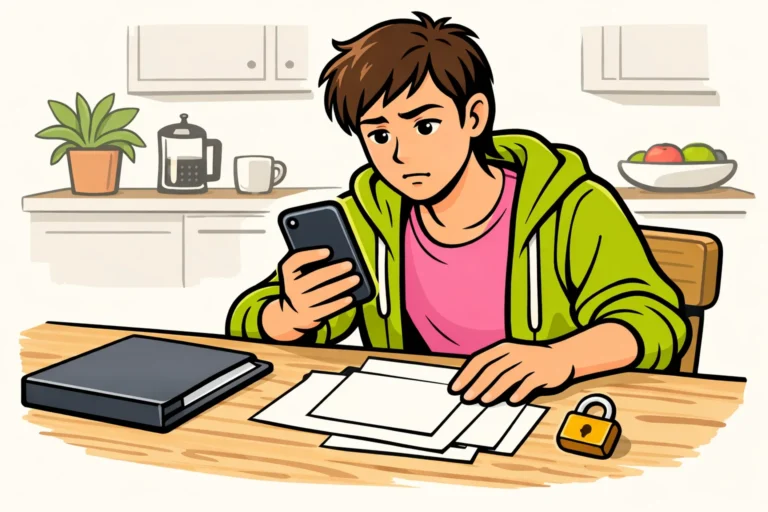 Persoon bekijkt een telefoon en ordent papieren voor bezwaar tegen een geschorst Instagram account.