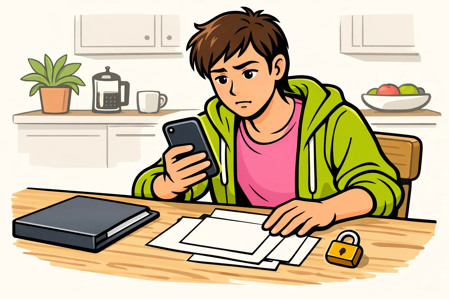 Persoon bekijkt een telefoon en ordent papieren voor bezwaar tegen een geschorst Instagram account.