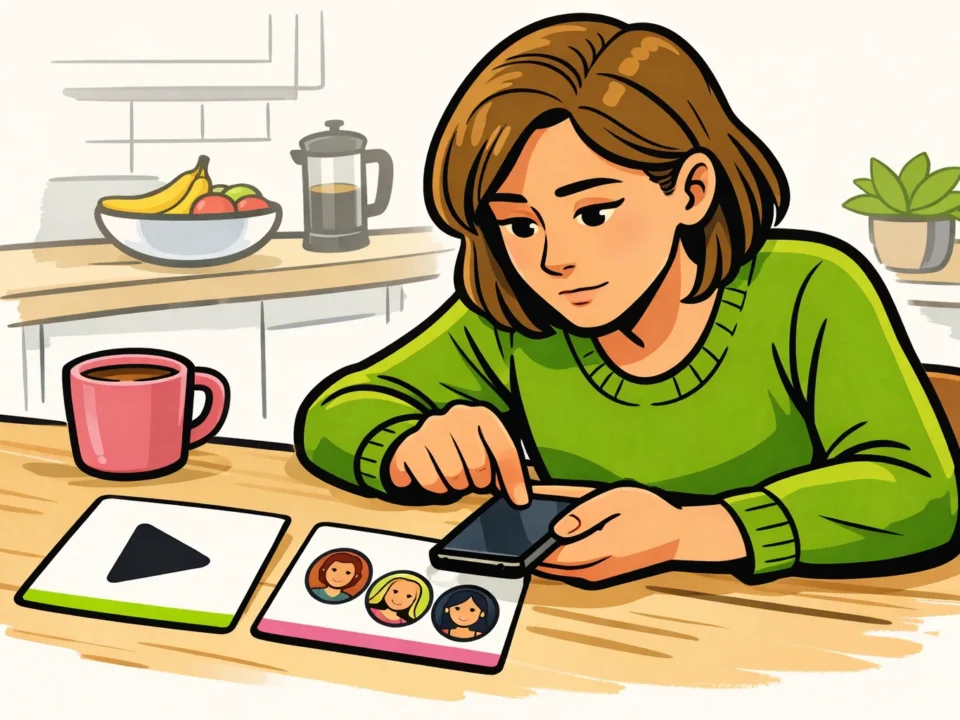 Persoon bekijkt een smartphone naast illustraties van een video en enkele kijkers.