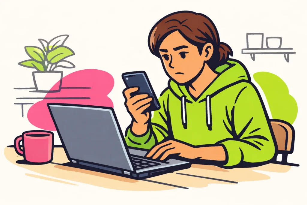 Persoon vergelijkt een telefoon en laptop om een inlogprobleem bij Instagram te onderzoeken.