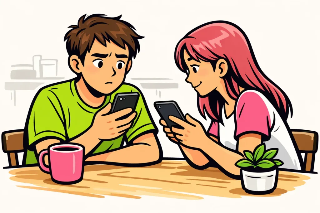 Twee mensen bekijken hun telefoons om te controleren waarom een Instagram notitie ontbreekt.