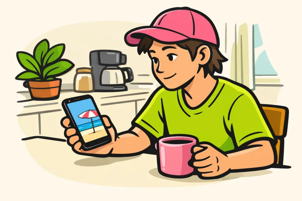 Illustratie van iemand die aan de keukentafel een vakantiefoto op een telefoon bekijkt.
