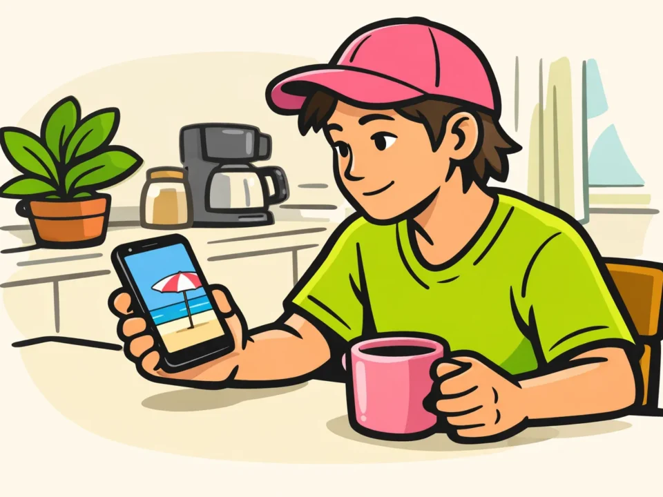 Illustratie van iemand die aan de keukentafel een vakantiefoto op een telefoon bekijkt.
