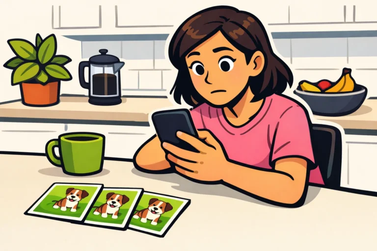 Persoon kijkt naar een smartphone naast drie gelijke fotokaartjes die herhalende Instagram Stories uitbeelden.
