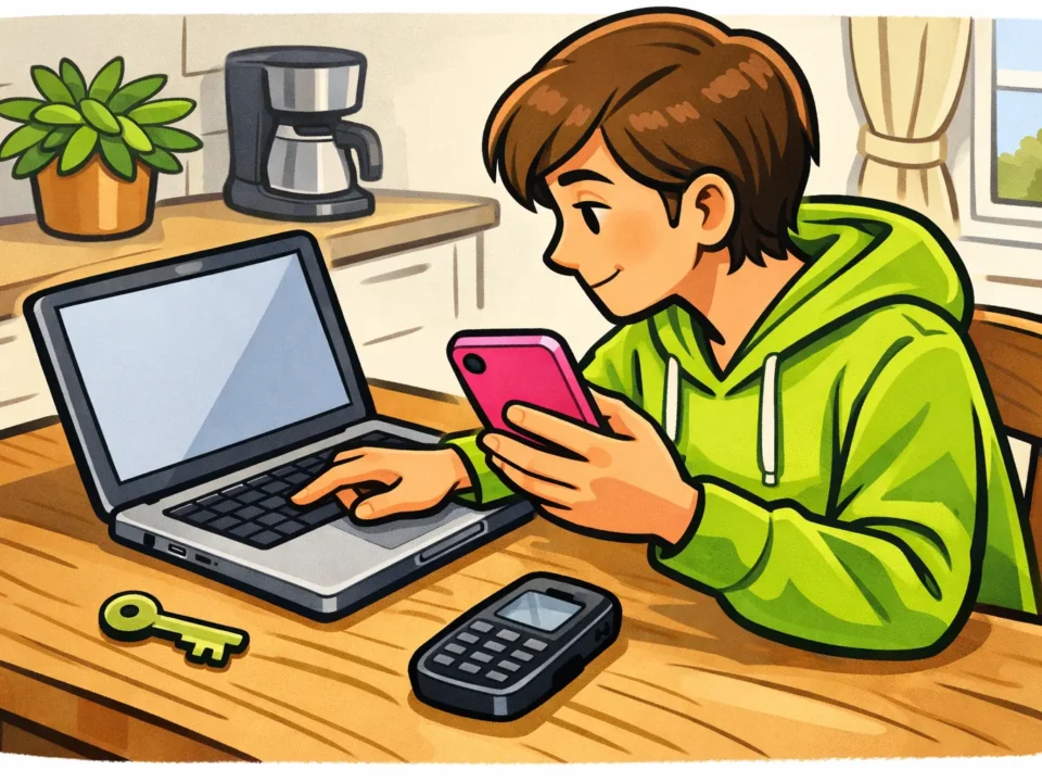 Persoon controleert een telefoon en laptop om weer toegang tot een Instagram account te krijgen.