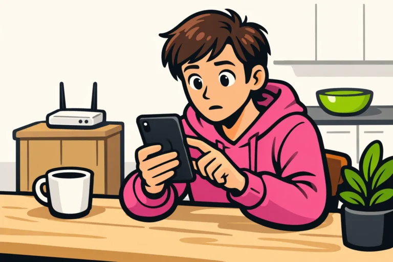 Persoon aan een keukentafel controleert een telefoon omdat een Instagram Story niet opent.