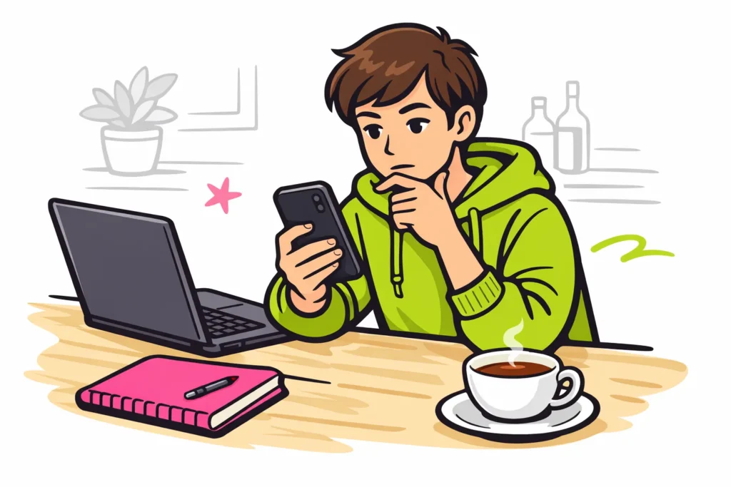 Persoon controleert een telefoon naast een laptop omdat het maken van een Instagram account niet lukt.