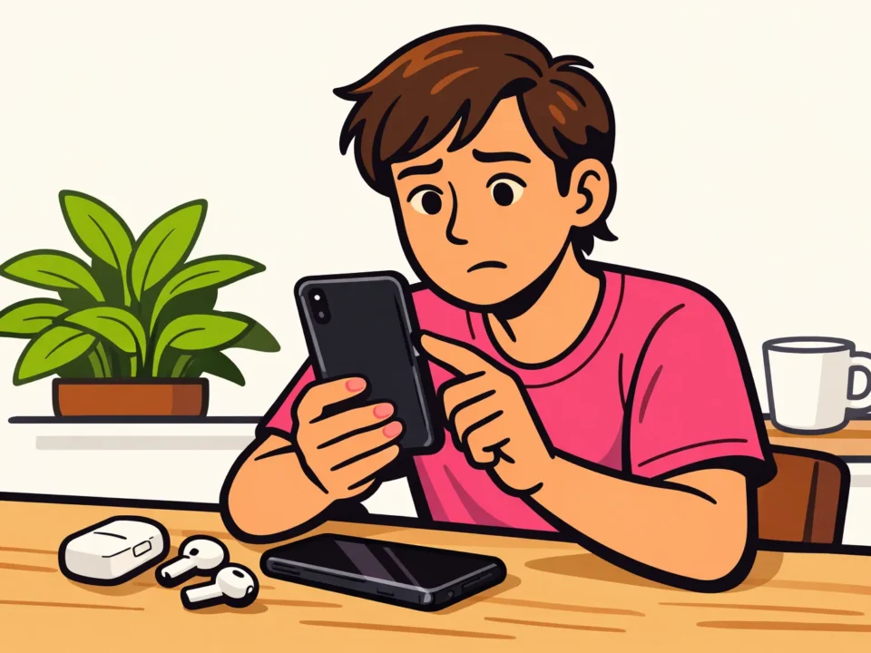 Persoon controleert het geluid op een telefoon, met draadloze oordopjes op tafel.