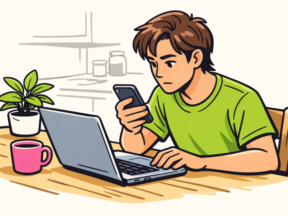 Persoon controleert Instagram op een telefoon met een laptop ernaast om de browser te testen.