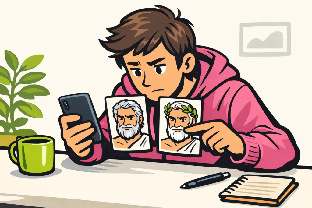 Illustratie van iemand die twee gelijkende portretten vergelijkt om een Zeus profiel te controleren.