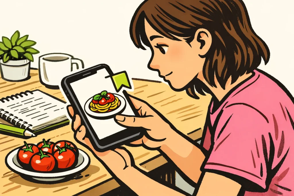 Illustratie van iemand die een foto van een gerecht op een telefoon bewaart.