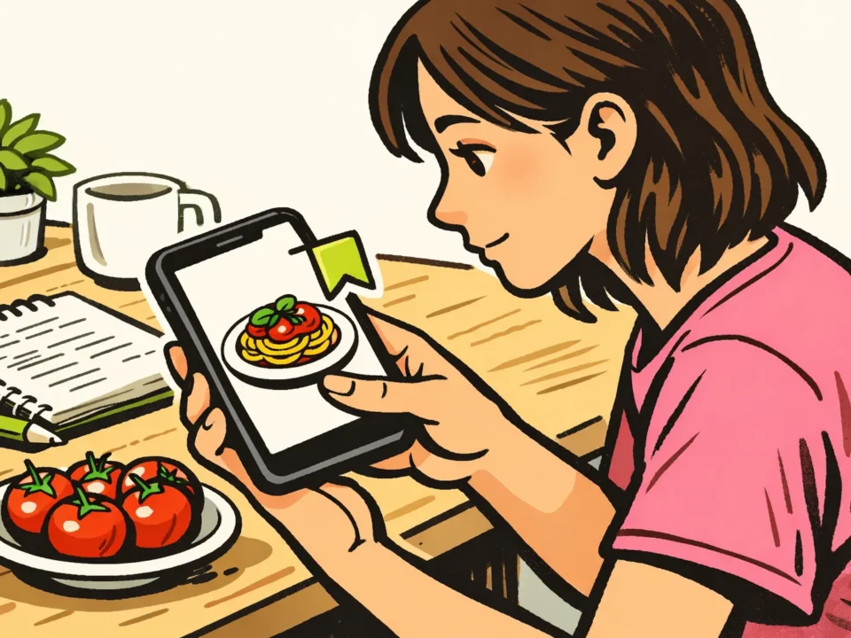 Illustratie van iemand die een foto van een gerecht op een telefoon bewaart.