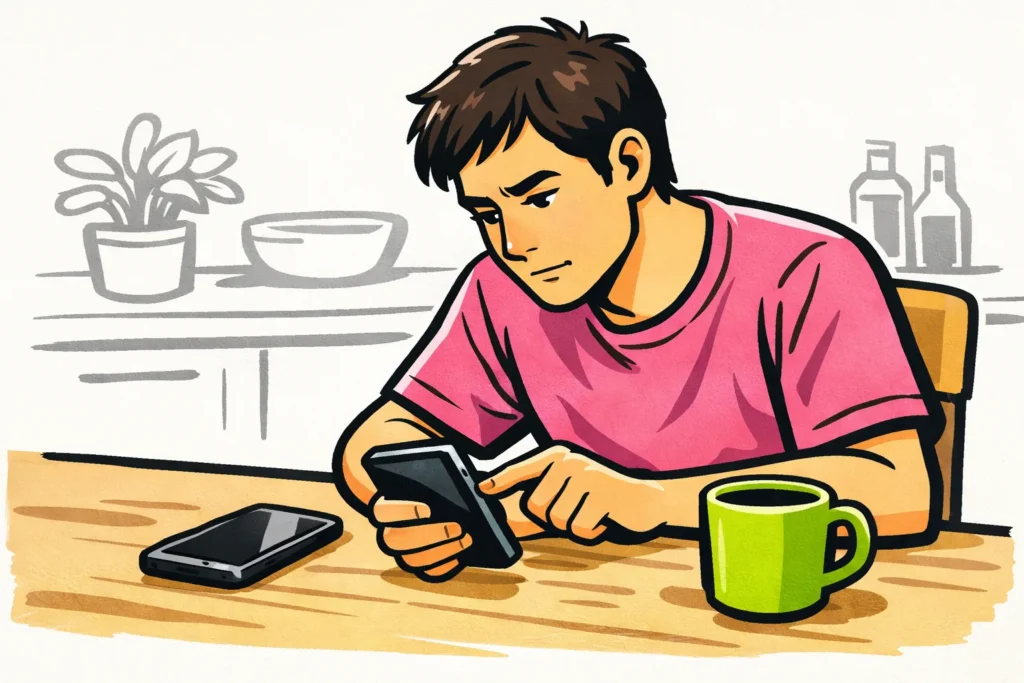 Persoon test een smartphone met een tweede telefoon op tafel om een probleem met Add Yours te onderzoeken.
