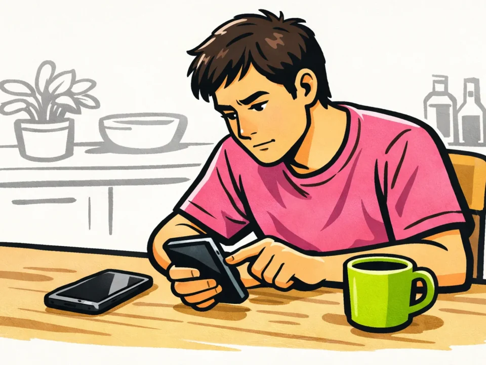 Persoon test een smartphone met een tweede telefoon op tafel om een probleem met Add Yours te onderzoeken.